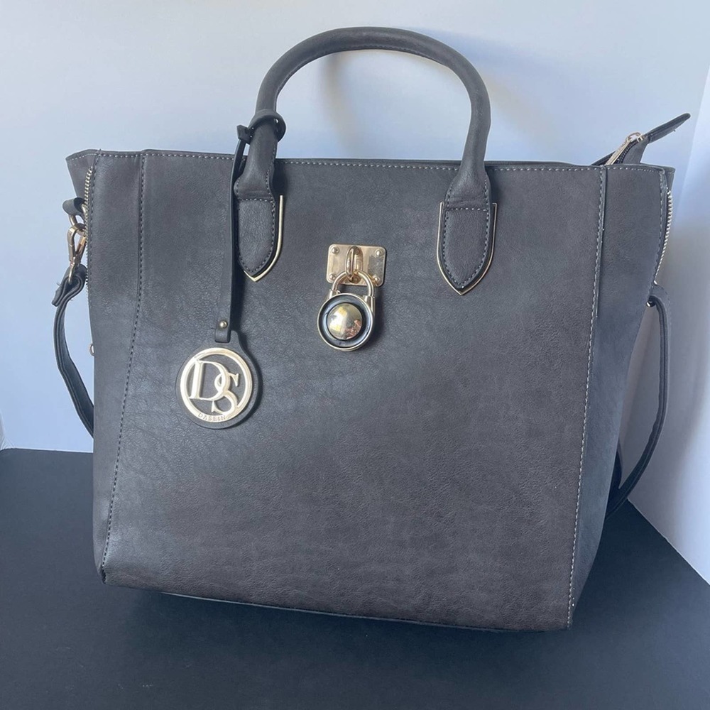 Dasein Solid-Color Emblem Tote Handbag